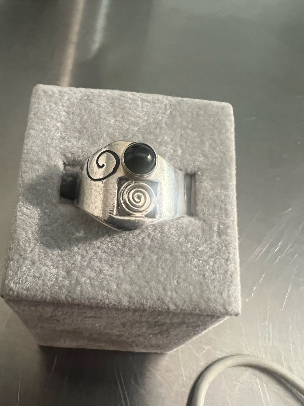 Sterling Silver Artisan Swirl Ring with Onyx Stone